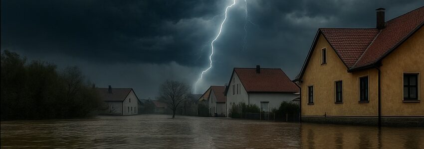 Zapora przeciwpowodziowa zamontowana przed domem podczas intensywnej ulewy